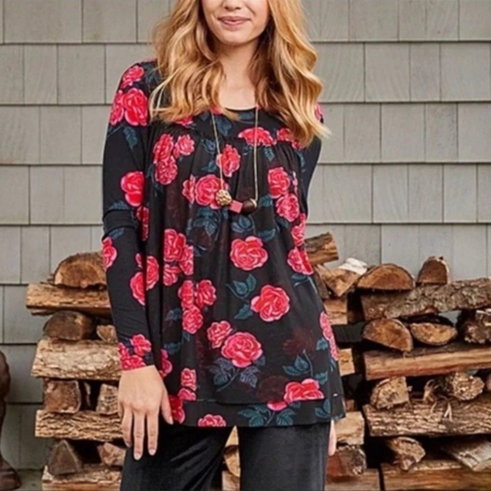 Matilda Jane Womens Floral Babydoll Top Pink Rose Mesh Overlay Long Sleeve XS